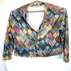 MISSLOOK Womens Cropped Blazer Size L Patchwork Graphic Print V-Neck 3-Button